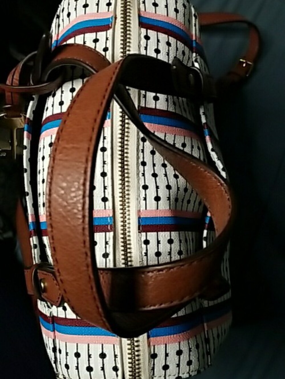 Fossil White Satchel with Brown Handles and Blue & Red Stripes - Picture 7 of 15